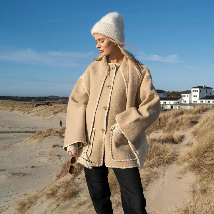 Lamb Wool Scarf Coat with Loose Silhouette