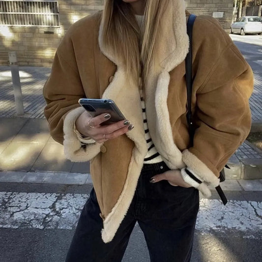 Loose And Warm Vintage Lamb Wool Khaki Coat