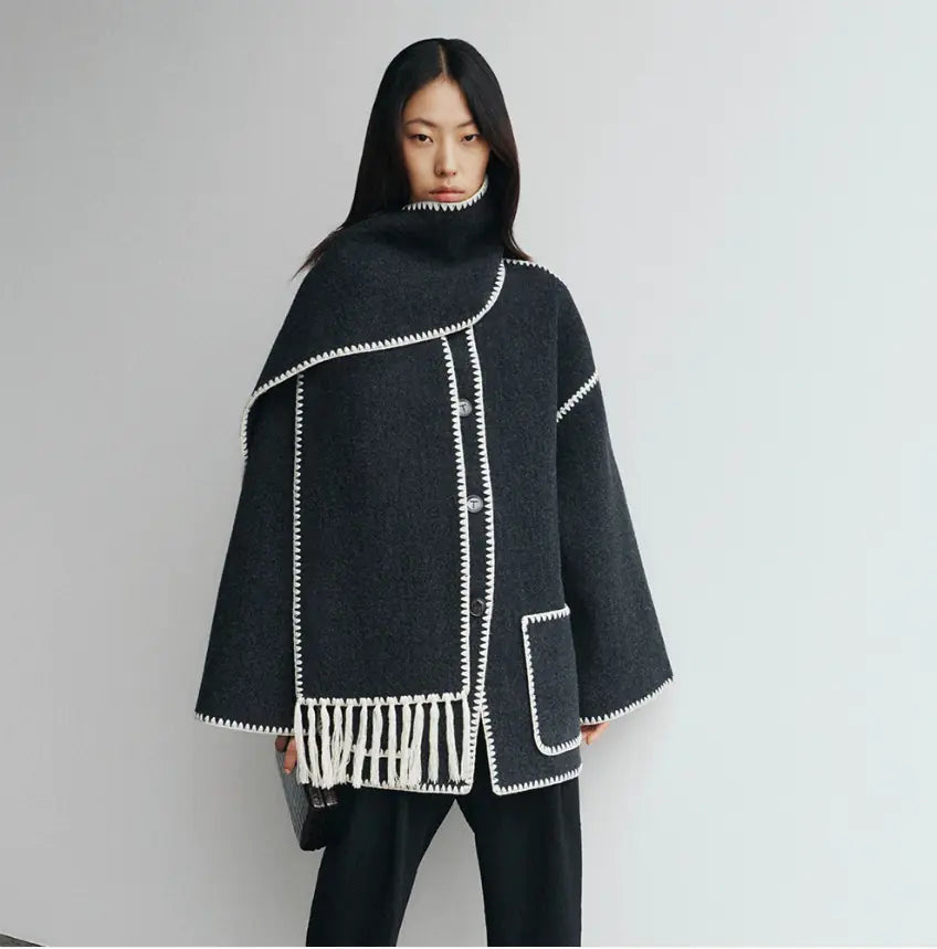 Lamb Wool Scarf Coat with Loose Silhouette