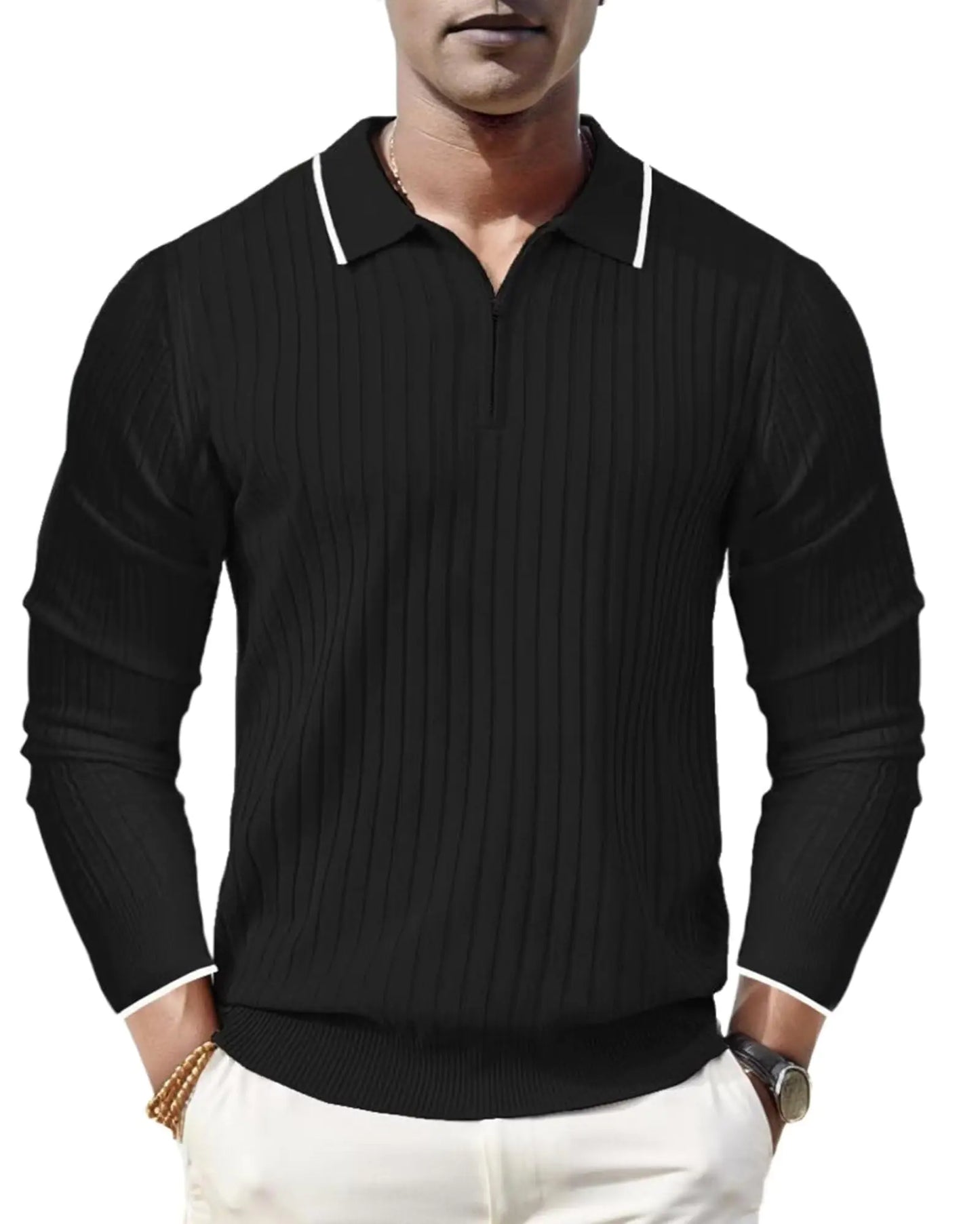 Mens Zipper Polo Shirt Casual Knit Long Sleeve